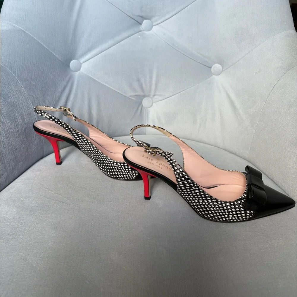kate spade Black and White Polka Dot Bow Slingback Heels - Picture 6 of 10